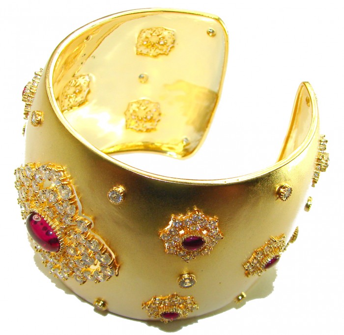 Byzantine design Authentic Ruby 10.2 carat 18K Gold over .925 Sterling Silver handcrafted Bracelet / Cuff - Byzantine ruby bangle, 18K gold, top angle view.
