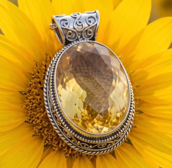 Sienna- amazing quality 30.7 CARAT genuine Brazilain Citrine RHODIUM over .925 Sterling Silver handmade pendant - Citrine pendant close-up on sunflower, showcasing gemstone and detailed setting.
