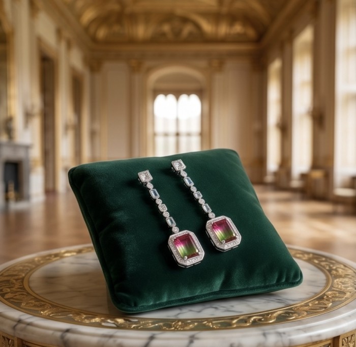 Luxurious 7.5 carat Brazilian Watermelon Tourmaline .925 Sterling Silver Handcrafted Earrings - Elegant earrings with Brazilian Watermelon Tourmaline on velvet cushion