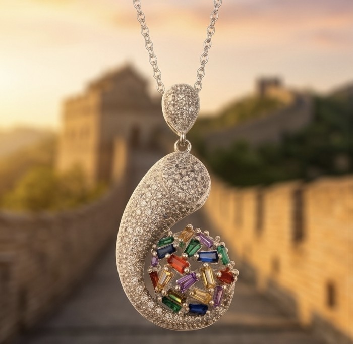 Sofia 14.5 carat Brazilian multicolor Sapphire pave White Topaz .925 Sterling Silver handmade Pendant - Sofia multicolor sapphire pendant close-up with Great Wall in background