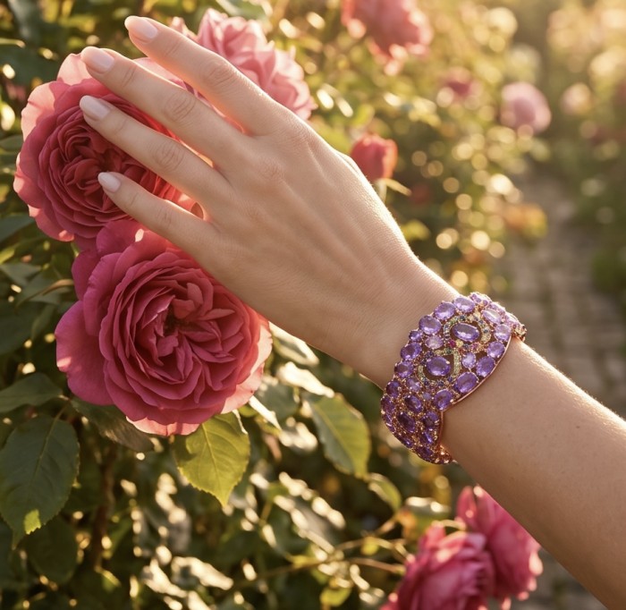 The Legend Authentic 71.2 carat Amethyst from Uruguay 18K Rose Gold over .925 Sterling Silver handmade Bracelet - Worn on hand, amethyst bracelet in rose garden.