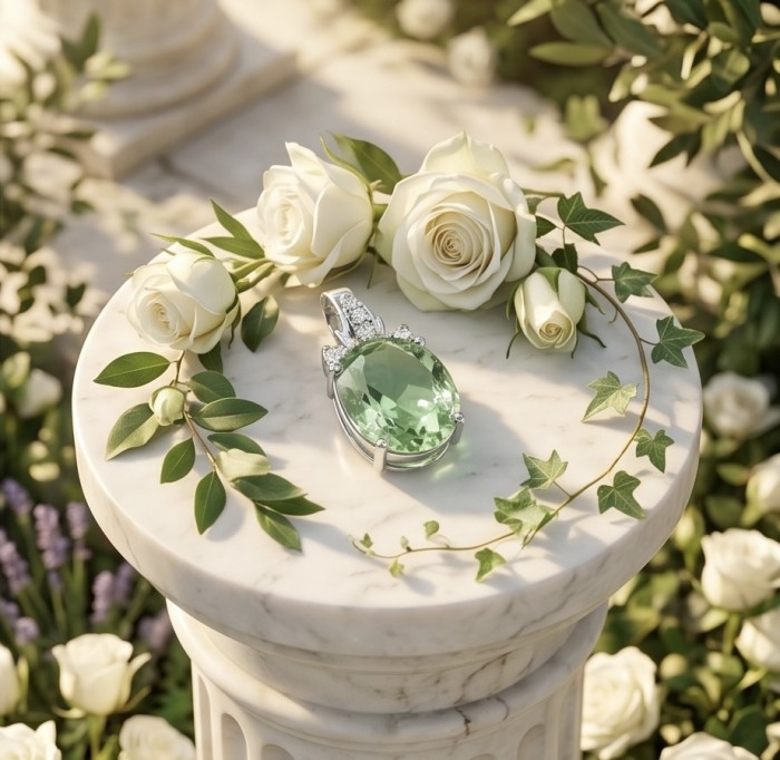 Green Ivy 15.9 carat Green Amethyst - Prasolite .925 Sterling Silver dipped in rhodium handcrafted pendant - Green amethyst pendant on marble with roses, top view.