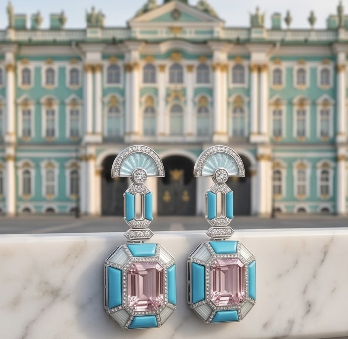 Emily - Art Deco - Precious genuine 12.2 carat Kunzite inlay Turquoise .925 Sterling Silver handcrafted earrings - Art Deco earrings with Kunzite stones, background palace, front view.