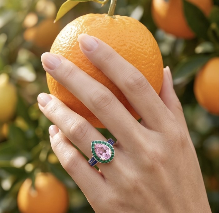 Emily - Art Deco - Precious genuine 9.8 carat Kunzite rhodium over .925 Sterling Silver handcrafted ring size 7 - Ring with Kunzite stone on hand, holding an orange fruit.