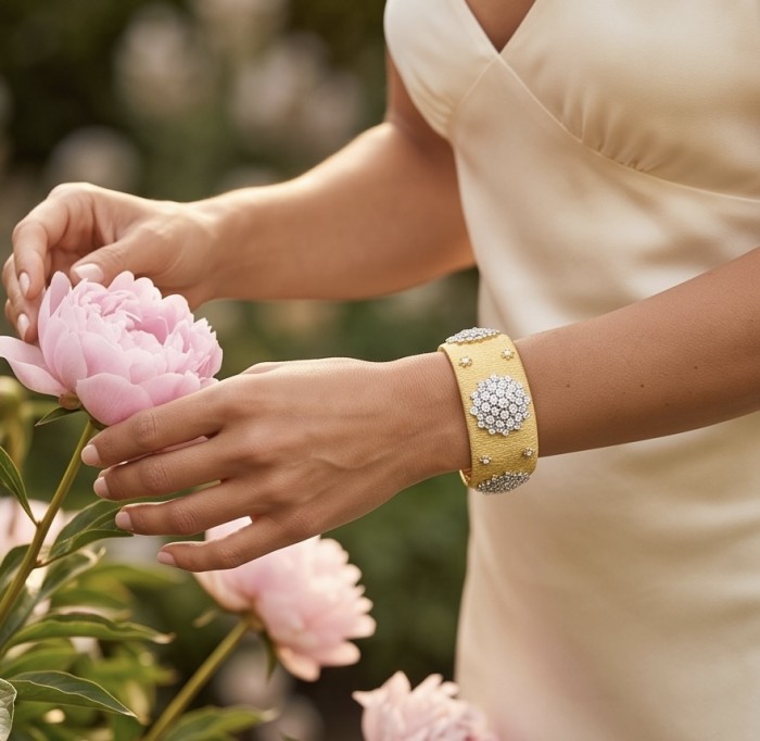Spectacular authentic 10.8 carat White Topaz 14K Gold over .925 Sterling Silver handmade cuff Bracelet - Gold and white topaz bracelet worn on wrist near pink flowers