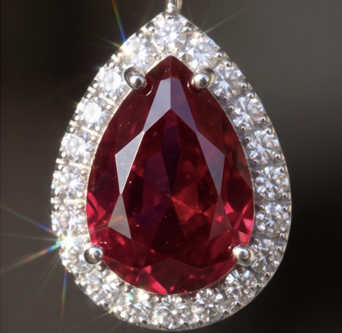 Giuseppina - Magnificent 22.7 carat authentic Ruby rhodium over .925 Sterling Silver handcrafted Statement necklace - Close-up of Giuseppina ruby pendant with diamond halo.