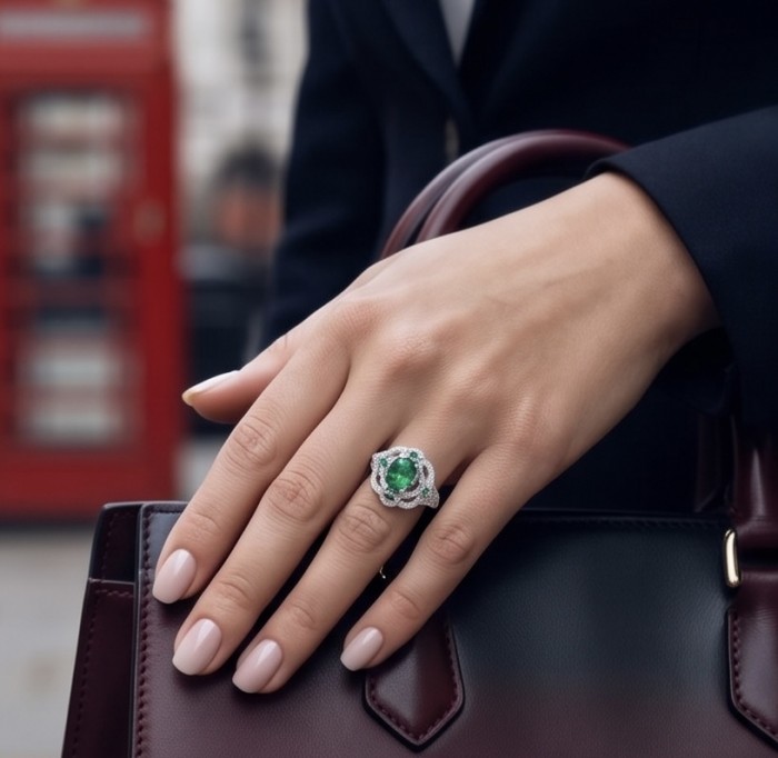 Precious 6.2 CARAT Chrome Diopside .925 Sterling Silver Statement Ring s. 7 - Hand wearing 6.2 carat chrome diopside ring, holding a handbag.