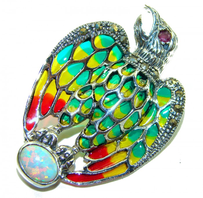 Natural Enamel Eagle .925 Sterling Silver Brooch Pendant - photo 2
