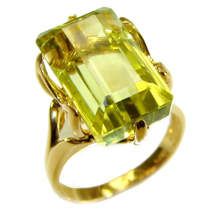 11.8 carat Genuine oval cut Lemon Quartz 14K Gold over .925 Sterling Silver handcrafted ring size 7 1/4 - Lemon quartz ring in side view with gold over .925 silver setting.