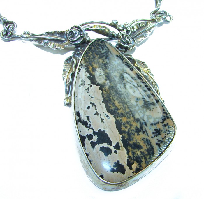 Nature Inspired genuine Ocean Jasper .925 Sterling Silver handmade necklace - Ocean Jasper pendant, .925 Sterling Silver, close-up detail.
