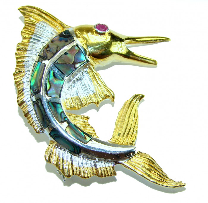 Precious Fish Natural Rainbow Abalone Ruby 14K Gold over .925 Sterling Silver handmade Pendant Brooch - Side view of gold and abalone fish brooch with ruby eye detailing.