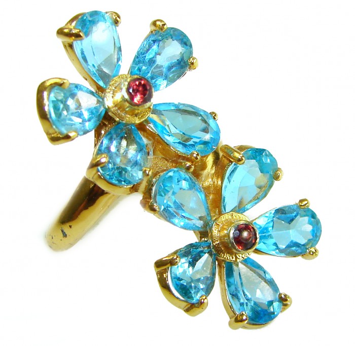 Blue Garden 27.8 carat Swiss Blue Topaz 14K Gold over .925 Sterling Silver handcrafted Large ring size 8 - Top view of Blue Garden ring with blue topaz and gold setting.