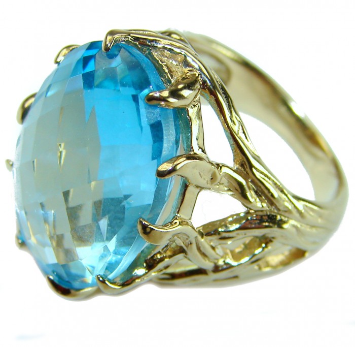 Rare finding - Costa del Sol 33.8 carat Swiss Blue Topaz 18K Gold over .925 Sterling Silver Handcrafted Large Statement Ring size 7 - Blue Topaz ring with intricate gold setting, close-up view.
