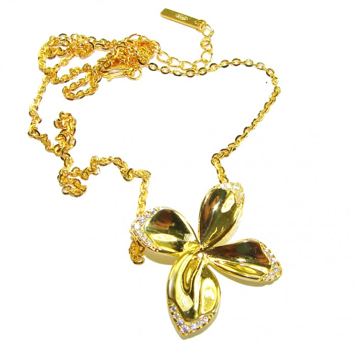 Lotus flower White Topaz highly polished 18K Gold over .925 Sterling Silver Italy made necklace - Lotus flower pendant, top view, 18K gold with white topaz, on chain.