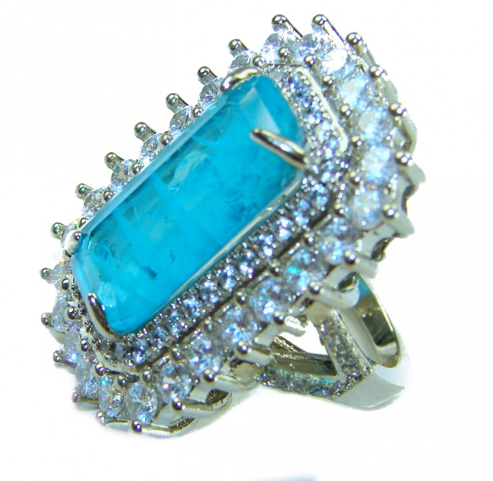 Luxurious baquette Cut 26.5 ctw Paraiba Tourmaline .925 Sterling Silver handcrafted Statement Ring size 6 1/4 - Close-up of luxurious Paraiba Tourmaline ring with diamond accents.