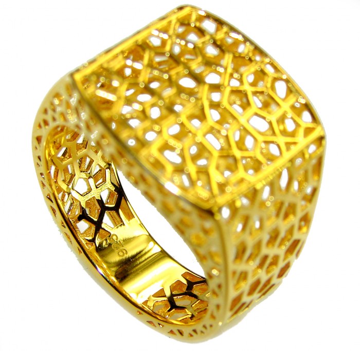 Dubai Style - Golden Signet .925 Sterling Silver dipped in 22K Gold handmade Large ring size 8 - Dubai style golden signet ring side view with intricate lattice design