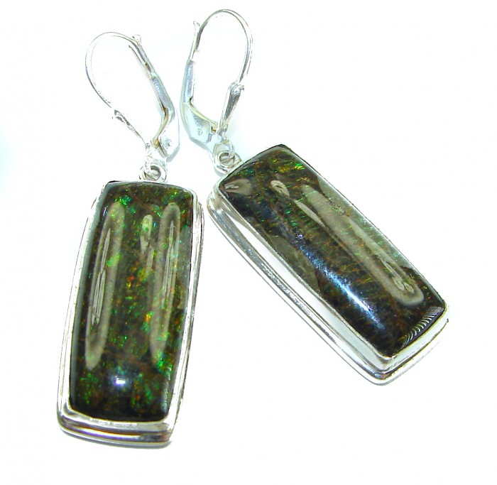 Green Aura Canadian Fire Ammolite .925 Sterling Silver handcrafted earrings - Close-up of green Ammolite earrings with sterling silver leverback clasps.