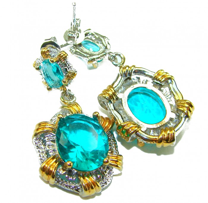Costa del Sol 9.8 carat Apatite 2 tones .925 Sterling Silver Handcrafted Statement earrings - Apatite earrings close-up, two-tone sterling silver with gold accents