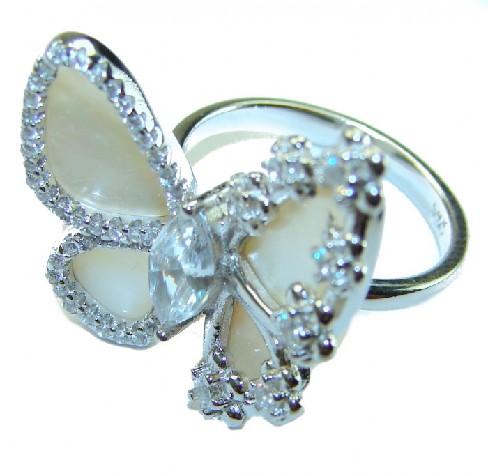 White Butterfly Blister Pearl .925 Sterling Silver brilliantly handcrafted ring s. 6 1/4 - White butterfly ring close-up, showcasing blister pearls and silver detail