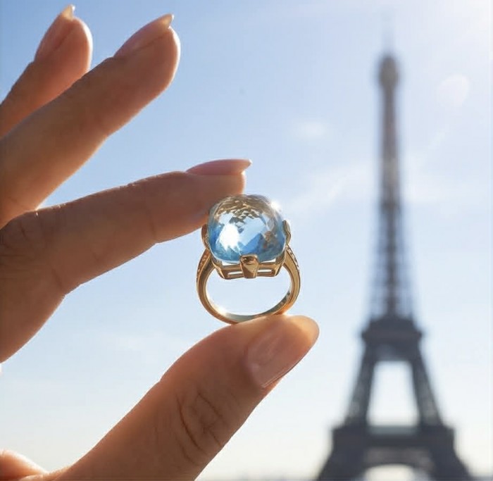 Atlantica 29.4 carat fancy Rose cut Swiss Blue Topaz 18K Gold over .925 Sterling Silver handcrafted Large ring size 8 - Close-up of Atlantica Blue Topaz ring held against the Eiffel Tower background.