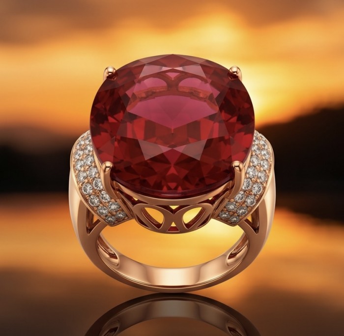 Royalty Natural 25.4 carat Ruby .925 Sterling Silver dipped in 22K Rose Gold handmade Large Statement Ring size 6 1/4 - Close-up of Royalty 25.4 carat ruby ring at sunset background