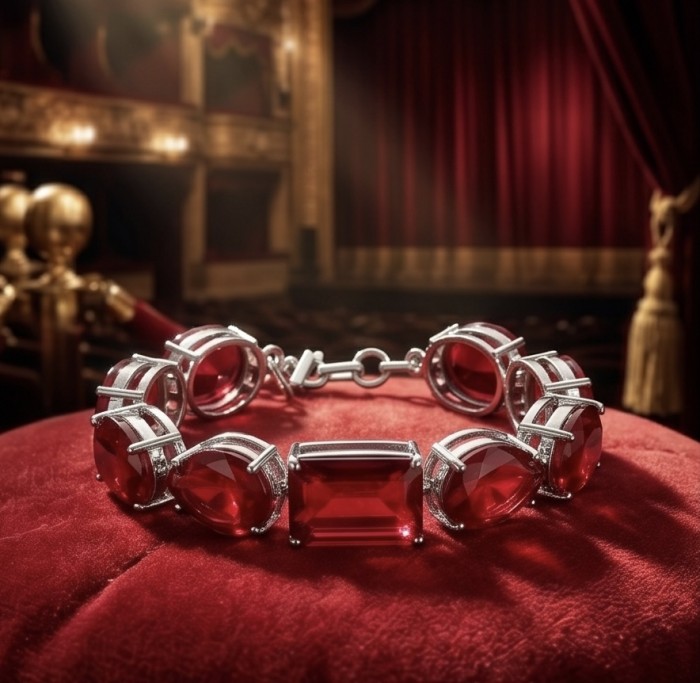 Bella Rosa - Magnificent 152.4 carat authentic Ruby .925 Sterling Silver handcrafted Bracelet - Ruby bracelet on red velvet, theater background, angled view