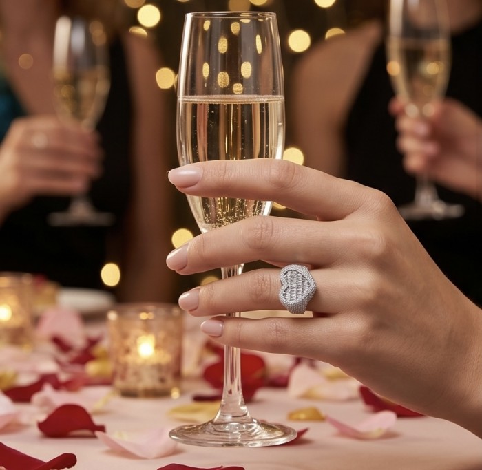 Art Deco Precious Heart - 10.5 carat White Sapphire .925 Sterling Silver Handcrafted Statement Ring size 8 - Ring worn on hand, holding a champagne glass, festive background
