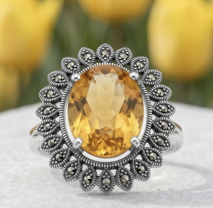 Golden Dream 23.5 carat Brazilian Citrine Marcasite .925 Sterling Silver Handcrafted Ring size 7 1/4 - Close-up of Golden Dream Citrine and Marcasite ring on a neutral background.