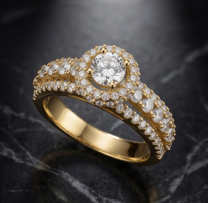 Precious Natural 3.4 carata White Topaz 18k Gold over .925 Sterling Silver ring size 8 - Gold ring with white topaz, side view on a dark marble background.
