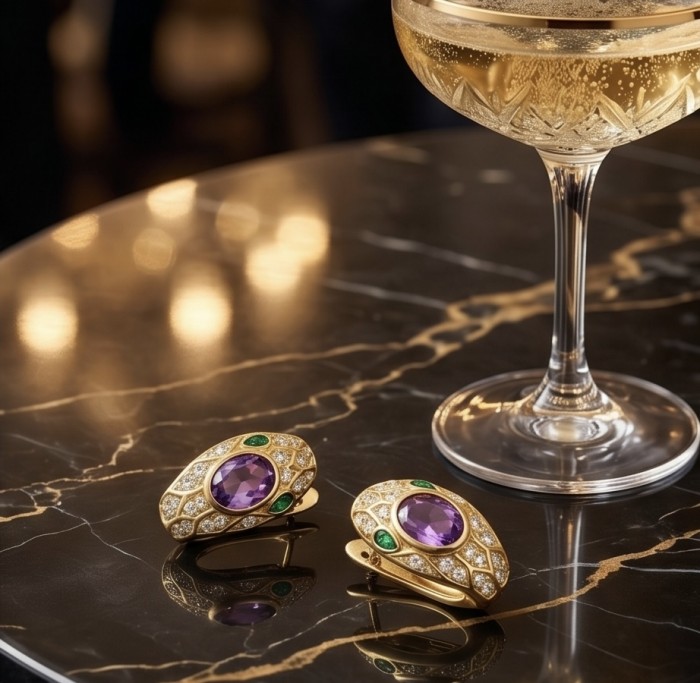 Seducer - Cobra 4.8 carat Amethyst 22K Gold over .925 Sterling Silver handcrafted earrings - Amethyst and gold cobra earrings on marble surface near champagne glass.