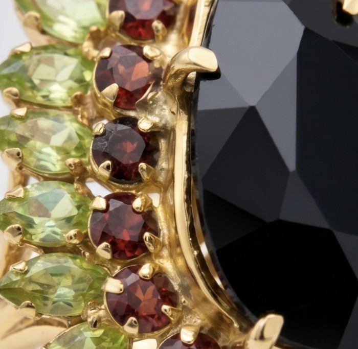 Roxanna - Huge 29.7 carat Black Onyx 18K Gold over .925 Sterling Silver handcrafted STATEMENT ring; s. 7 - Stone close-up of Roxanna with black onyx, red, and green gems.