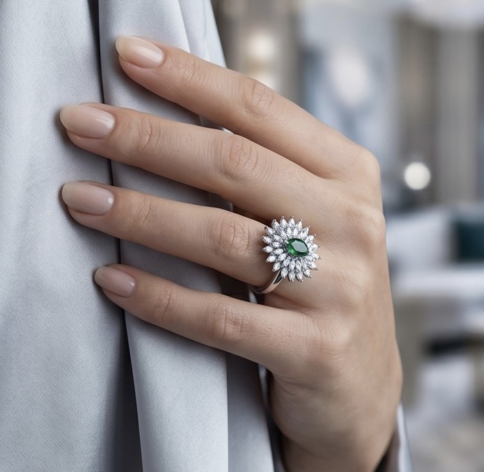 Luxurious 4.2 carat Colombian Emerald .925 Sterling Silver dipped in Rhodium handcrafted Ring size 8 1/4 - Emerald ring worn on hand, close-up of intricate design and details.