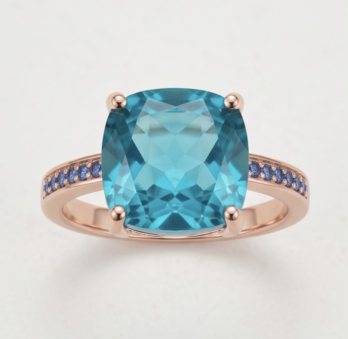 Costa del Sol 7.8 carat Apatite 14K Rose Gold .925 Sterling Silver Handcrafted Statement Ring size 7 - Apatite ring in rose gold, top view, focus on stone and band detail.