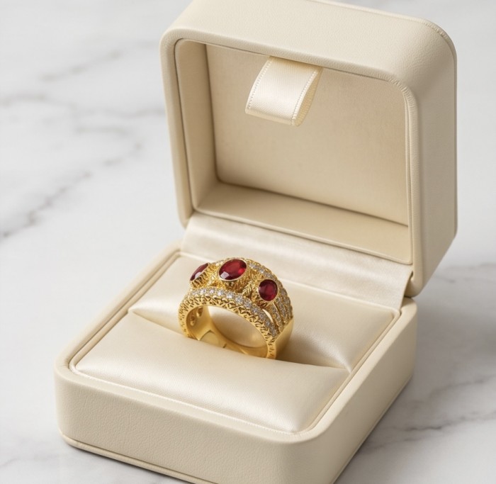 Born to Glam authentic 10.2 carat Ruby 14K Gold over .925 Silver handcrafted Ring s. 7 - Ruby gold ring in box, angled view showing stones and band details.