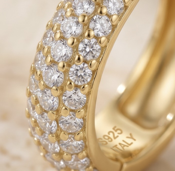 Dubai Style 1.2 carat White Topaz .925 Sterling Silver dipped in 18K Gold handmade Earrings - Close-up of gold-plated sterling silver ring with white topaz stones