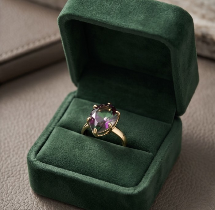 6.8 carat Brazilian Tourmaline .925 Sterling Silver dipped in 18K Gold Perfectly handcrafted Ring s. 8 1/4 - Tourmaline ring in green box, front view