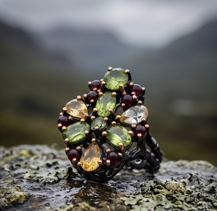 Fiesta Authentic 14.5 carat Multigem .925 Sterling Silver dipped in black rhodium brilliantly handcrafted Ring size 6 - Close-up of multigem silver ring on rocky surface in natural light.