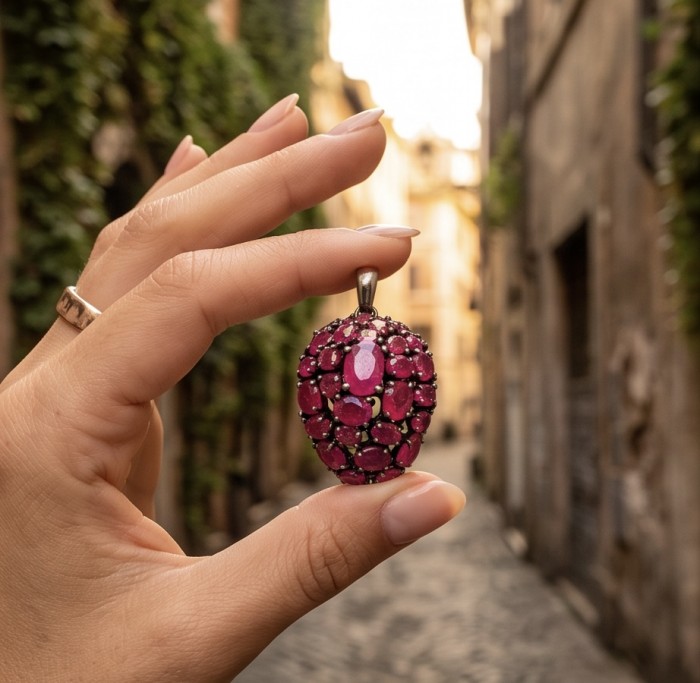 Giovanna 27.2 carat authentic Mozambique Ruby black rhodium .925 Sterling Silver handmade Pendant - Hand holding Mozambique Ruby pendant close-up on a rustic street background.