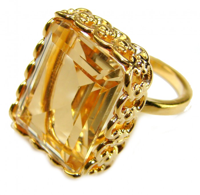 29.8 carat Genuine Lemon Quartz 14K Gold over .925 Sterling Silver handcrafted ring size 7 1/4 - Large lemon quartz ring, side view, 14K gold over sterling silver.