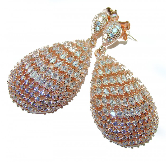 Magnificent Jewel - 17.5 carat natural White Topaz 14K Rose Gold over .925 Sterling Silver handcrafted incredible earrings - Close-up of 14K rose gold white topaz drop earrings.
