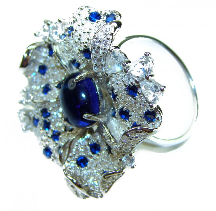 Exotic Flower - Authentic 7.5 carat Sapphire .925 Sterling Silver handcrafted Ring size 7 1/2 - Close-up of an exotic flower ring with sapphires and .925 sterling.