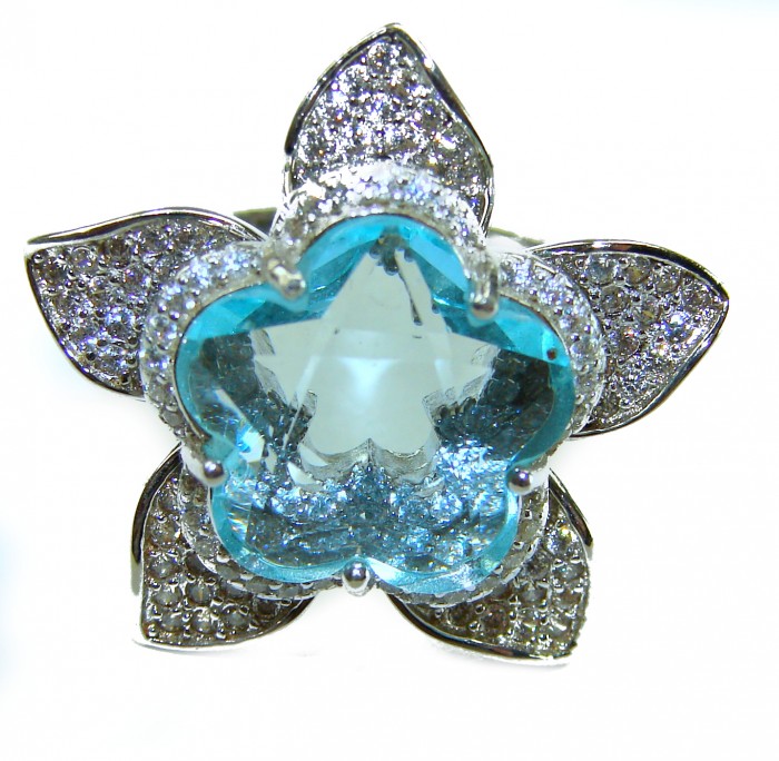 Divine Beauty 12.5 carat Aquamarine .925 Sterling Silver Handcrafted ring size 7 - Close-up of aquamarine flower ring with diamond accents in sterling silver.
