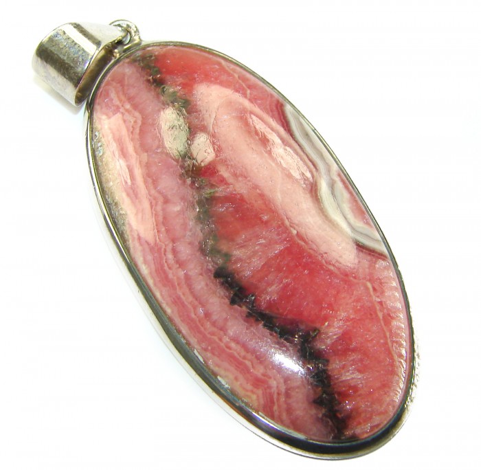 Genuine Argentinian Rhodochrosite .925 Sterling Silver handmade Pendant - Close-up of Argentinian Rhodochrosite pendant in sterling silver setting