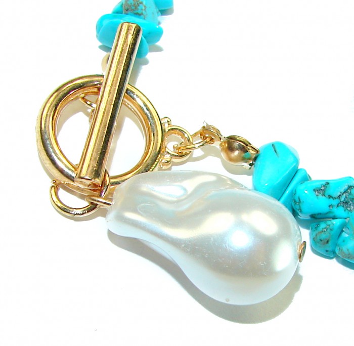 Beauty of Nature - natural turquoise 10K Gold over .925 Sterling Silver handmade Statement Bracelet - Clasp detail of natural turquoise necklace with gold and pearl accents