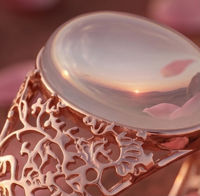 Vintage Beauty Genuine 35.2 carat Brazilian Rose Quartz Rose quartz 22K Rose Gold over .925 Sterling Silver handcrafted Bracelet / Cuff - Close-up of rose quartz stone with intricate rose gold setting detail.