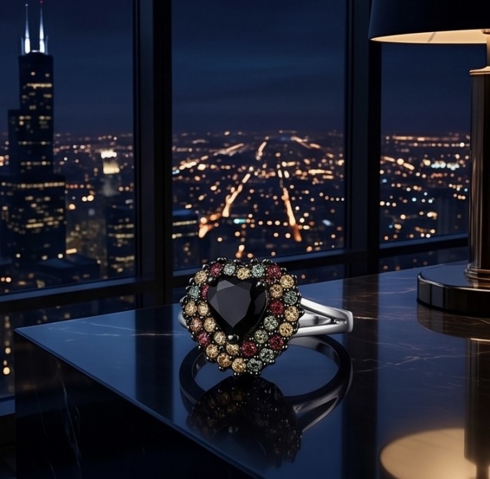 Blue Heart 8.2 carat natural Sapphire .925 Sterling Silver Perfectly handcrafted Ring s. 8 - Heart-shaped sapphire ring on table with city night view background