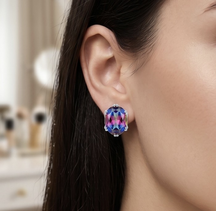 Luxurious authentic 11.2 carat Brazilian Tourmaline .925 Sterling Silver handcrafted earrings - Tourmaline earring worn on ear close-up