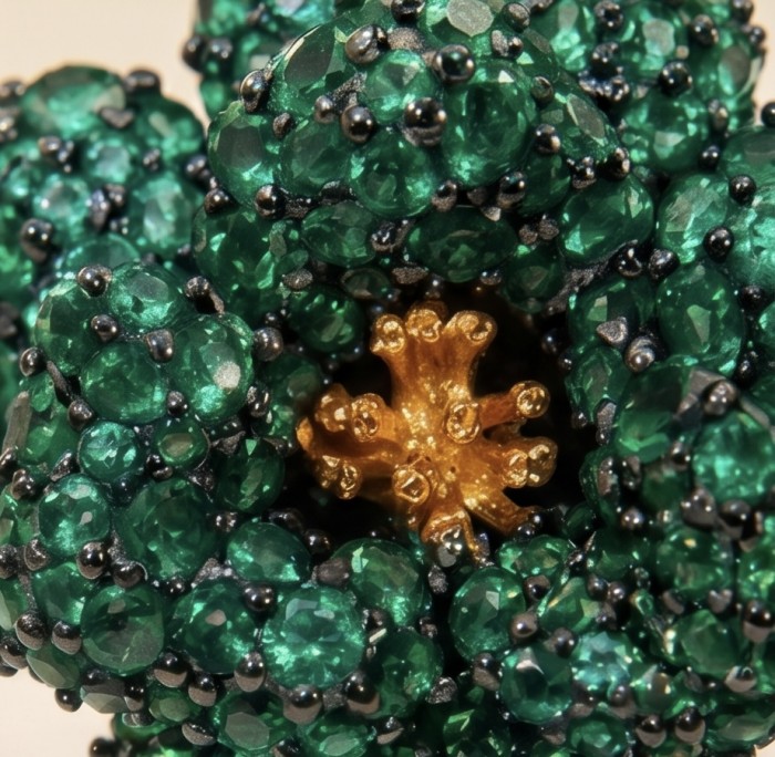 Exotic Flowers - 18.8 carat Colombian Emerald 2 tones .925 Sterling Silver dipped in rhodium handmade Statement Earrings - Stone close-up of Exotic Flowers jewelry with emeralds and gold detail.