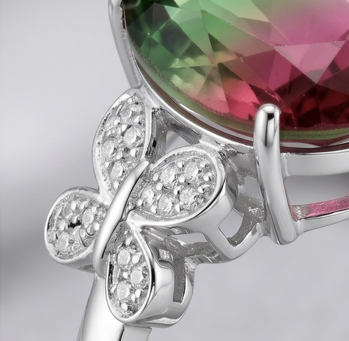 Rio 6.8 carat Brazilian Tourmaline .925 Sterling Silver dipped in 18K Gold Perfectly handcrafted Ring s. 8 1/4 - Close-up of a Rio 6.8 carat Brazilian Tourmaline ring with butterfly detail
