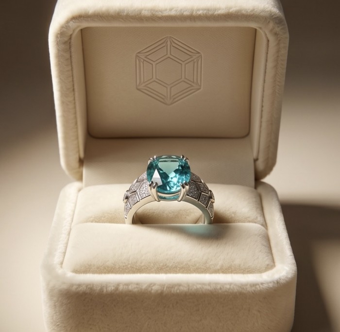 Big Surf 8.5 carat Paraiba Tourmaline .925 Sterling Silver Handcrafted Ring size 9 - Paraiba Tourmaline silver ring front view in open box